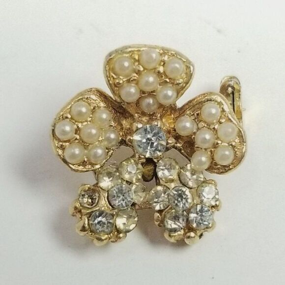Vintage Tiny Rhinestone and Faux Pearl Flower Brooch, Pansy Lapel Pin, Estate - Picture 1 of 6